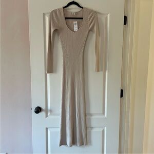 Slim Ribbed Long Sleeve Knit Dress - Cream